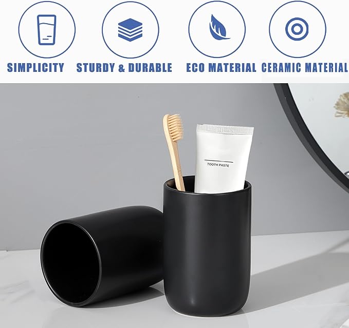 Matte Black Toothbrush Holders for Bathrooms - 1 Cups Ceramic Toothbrush Toothpaste Holders, Black Bathroom Tumbler Cup Reusable Toothbrush Cup Black Mouthwash Cup, Bathroom Counter Organizer