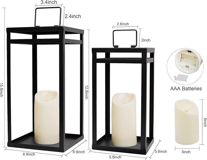 HPC Decor Black Metal Candle Lanterns Set of 2- Lanterns Decorative w/ LED Timer Candles- 15.8'' & 12.6'' Chunky Modern Farmhouse Lantern Decor for Indoor,Outdoor,Fireplace,Porch (No Glass)
