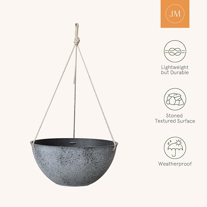 LA JOLIE MUSE Large Hanging Planters for Outdoor Plants - 13 Inch Hanging Flower Pots with Drainage Holes, Set of 2, Rock Grey