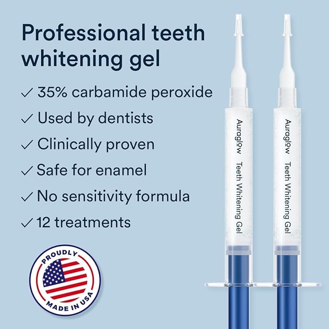 Auraglow Teeth Whitening Kit, Wired LED Accelerator Light, 35% Carbamide Peroxide Teeth Whitening Gel, 12 Whitening Treatments, Whitens up to 10 Shades in 7 Days
