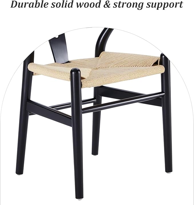 Wishbone Chair Natural Solid Wood Dining Chair/Hans Wegner Y Chair Rattan and Wood Accent Armrest Chairs - Ash Wood Chairs Set of 4 (Ash Wood - Black + Natural Color)