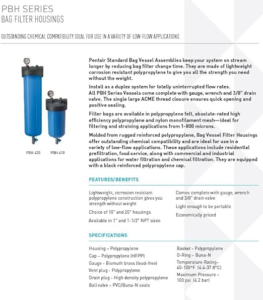 Pentair Pentek 150367 PBH Big Blue Bag Filter Housing, 1" NPT #20 Bag Vessel Assembly with Gauge, Wrench and Drain Valve, 20-Inch, Black/Blue