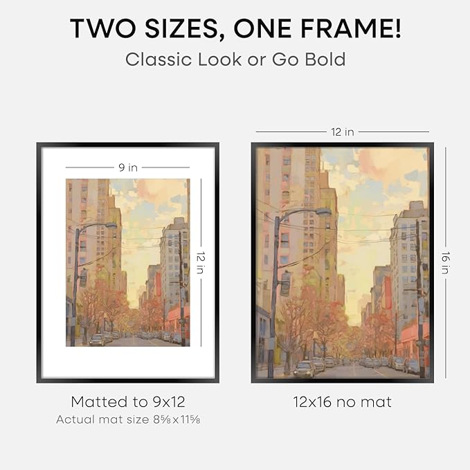 Homeforia 12x16 Picture Frame Black, High End Metal 12x16 Poster Frames with Mat 9x12 for Photo, 12 x 16 Black Frame Matted to 9 by 12 inch Print, 16x12 Thin Frames, Tempered Glass, Wall Kit, Set of 1