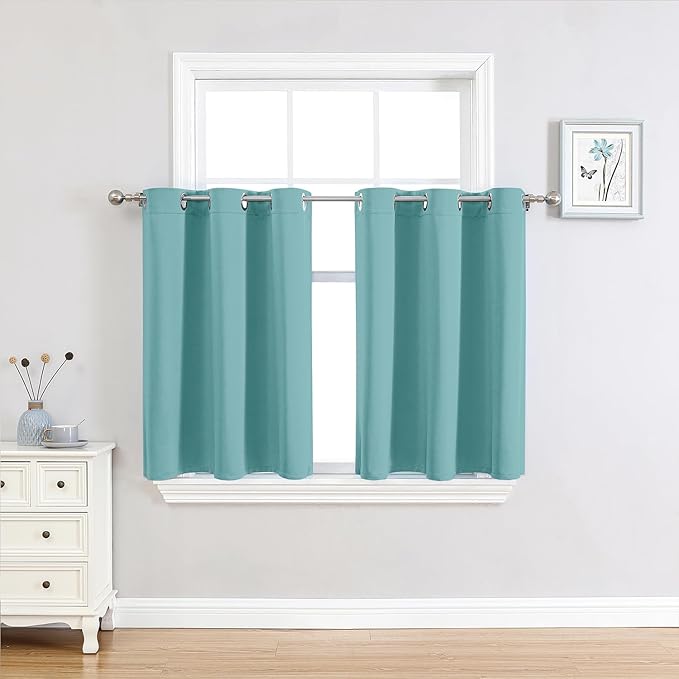 ChrisDowa Small Window Curtains 36 inches Long for Bedroom - Grommet Short Thermal Insulated Room Darkening Curtains for Kitchen (2 Panels, Aqua, 42 x 36 Inch)