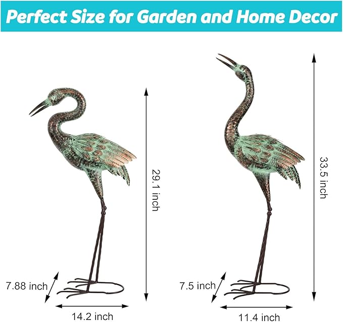 Shorayn Garden Crane Statues, Blue Heron Sculptures for Outdoor, Cranes Decor Metal Bird, Patina Garden Art Lawn Ornaments for Yard Patio Porch Outside Decorations