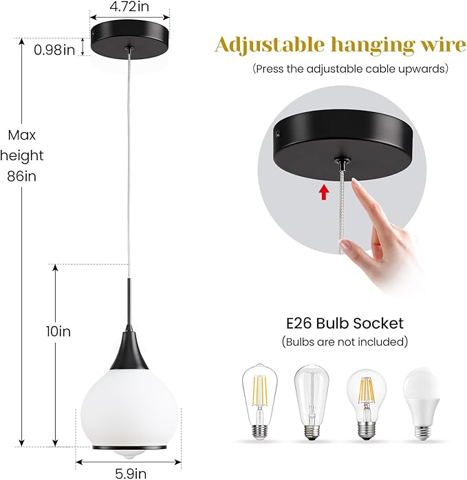 Pendant Light Fixtures Kitchen: Matte Black Farmhouse Island Light with Clear Glass - 6 Inch Mid Century Globe Kitchen Lighting Chandeliers Ceiling for Dining Room