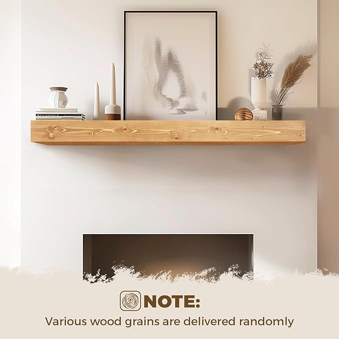 48x8x5 Fireplace Mantel - Handcrafted Rustic Solid Wood Wall Mounted Floating Shelf with Invisible Heavy Duty Wood Bracket (Natural)