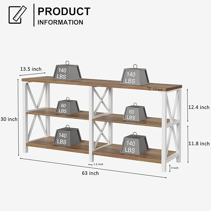 LVB Industrial Entryway Table, Farmhouse Rustic Console Table Behind Couch, Long Metal Sofa Table with Storage Shelf, Modern Hallway Table for Living Room Bedroom,White and Rustic Oak,63 inch