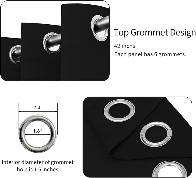 Easy-Going Blackout Curtains for Bedroom, Solid Thermal Insulated Grommet and Noise Reduction Window Drapes, Room Darkening Curtains for Living Room, 2 Panels(42x63 in, Black)