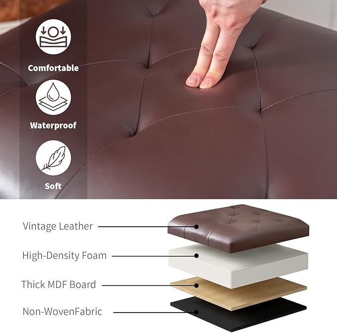 Joveco Leather Storage Ottoman Bench Rectangle 24 Inch Foot Rest Ottomans Stool for Living Room Bedroom(Brown)