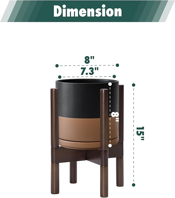 D'vine Dev Ceramic Planter with Walnut Color Stand - 8 Inch Modern Round Flower Pot with Wood Planter Holder, Black/Speckled Tan, 55-B-Y-7