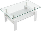 Glass Coffee Table Rectangle Living Room Center Table, with Transparent Tempered Glass Tabletop and White MDF Layer,for Living Room and Office, Transparent +White