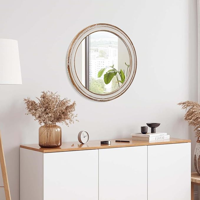 Round Bathroom Mirror for Vanity-Distressed Wood Circle Mirror, Farmhouse Entryway Mirror and Decorative Wall Mirrors for Living Room