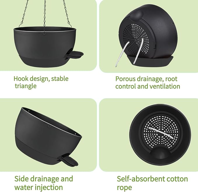 2 Pack Hanging Planters for Indoor Outdoor Plants, 12 Inch Self Watering Hanging Pot with Drainage Holes and Saucer, Plastic Plant Pots, Black Flower Pots for Kitchen, Balcony, Garden