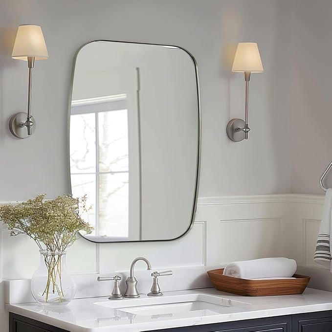 ANDY STAR Brushed Nickel Mirror, 28x36 Inch Stainless Steel Metal Frame Oblong Bathroom Mirror for Vanity, 1’’ Deep Wall Mounted Vertically/Horizontal