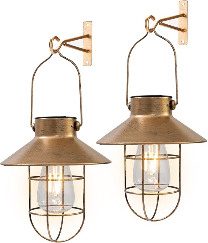 pearlstar Solar Lanterns Outdoor Metal Solar Powered Hanging Lights Waterproof for Barn Wall Yard Garden Patio Garage Balcony Porch Fence Decor, Warm White Edison Bulb (Copper-2pack)