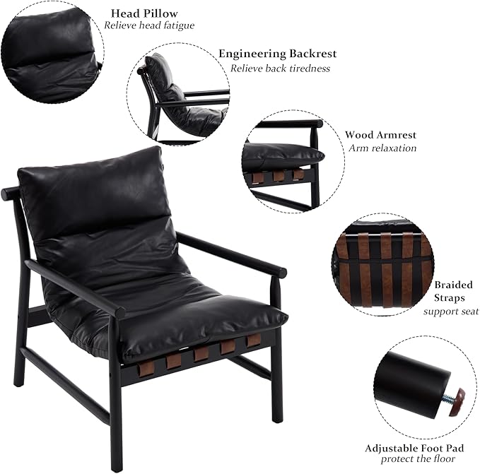 Modern Sling Accent Chairs Set of 2 - Black PU Leather Upholstered
