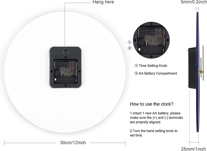 Lafocuse 12 Inch Silent Navy Blue Wall Clock Battery Operated, Wooden, Simple, Minimalist, Kitchen, Living Room, Bedroom, Office, Home Décor