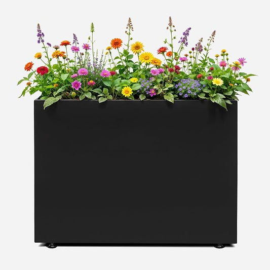 IDZO Metal Planter Box, Privacy Trough for Patio, Rectangle Container for Outdoor Plants, Tall Large Rectangular Steel Bed for Outdoor Greens with Drainage Holes & Adjustable Feet, Black