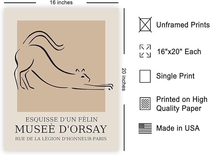 Poster Master Vintage Poster - Retro Cat Print - Line Drawing Art - Sketch Art - Gift for Boys, Girls & Animal Lover - Cute Decor for Bedroom, Kid's Room or Nursery - 16x20 UNFRAMED Wall Art