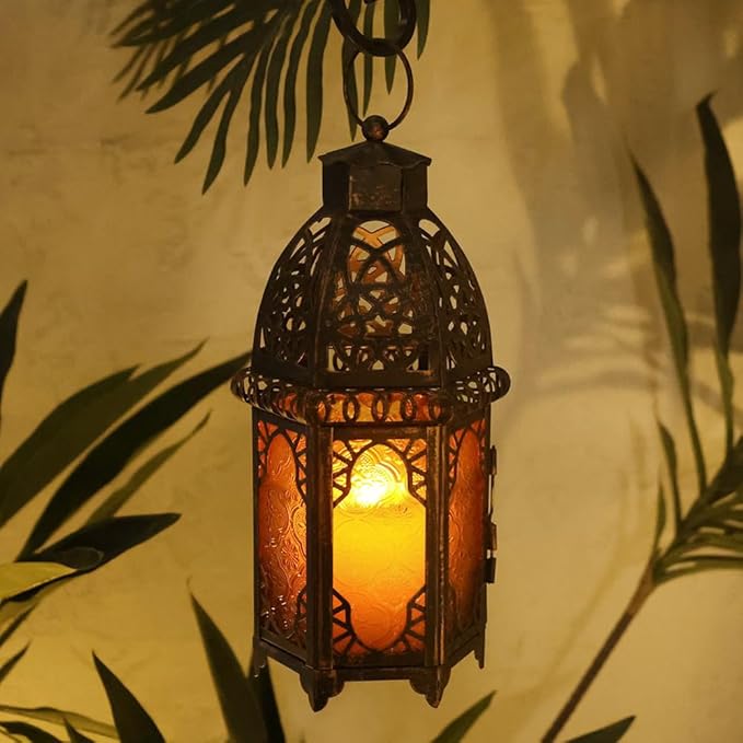 NEEDOMO 12.8'' Moroccan Lanterns Decorative Indoor & Outdoor, Vintage Christmas Candle Holder, Metal Lanterns Decorative, Table, Patio, Porch, Shelf, Christmas Spring Halloween Home Decor (Amber)