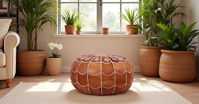 Stuffed Arch Design Moroccan Leather Pouf Ottoman, Handmade, Pre-Filled, 100% Genuine Leather, 14” Height x 22” Diameter – Boho Chic Footstool & Living Room Décor (Dark Tan)