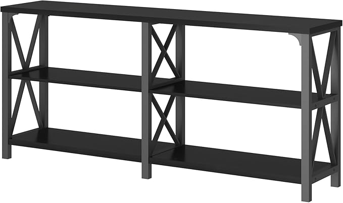 LVB Industrial Entryway Table, Farmhouse Rustic Console Tables Behind Couch, Long Metal Wooden Sofa Table with Storage Shelf, Modern Foyer Hallway Table for Living Room Bedroom, Black Oak, 63 in