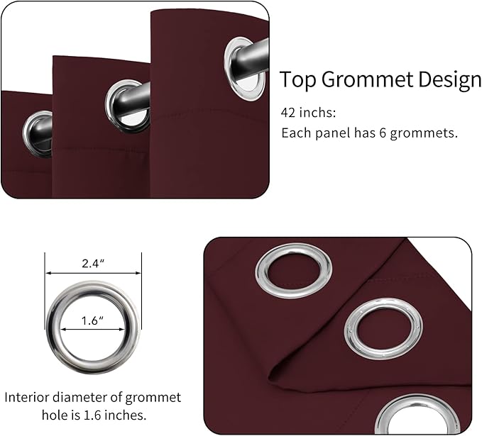 Easy-Going Blackout Curtains for Bedroom, Solid Thermal Insulated Grommet and Noise Reduction Window Drapes, Room Darkening Curtains for Living Room, 2 Panels(42x63 in, Wine)
