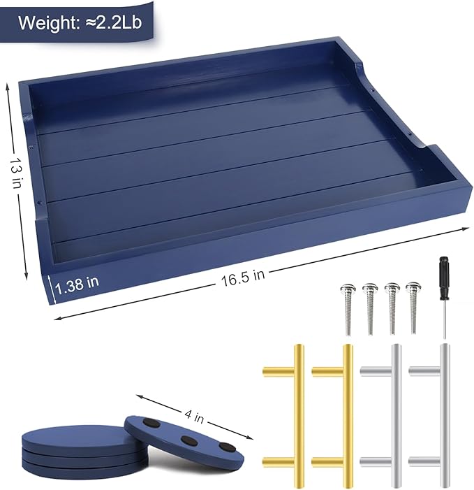 Coffee Table Tray - Large Ottoman Tray for Living Room - Wood Serving Tray with Handles(2 Sets) - Wooden Trays for Coffee Tables, 4 Round Coasters Included, Deep Blue