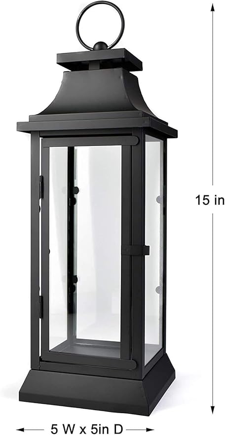 Serene Spaces Living Black Metal Hurricane Lantern with Clear Glass – 15" Tall, 5" Square. Versatile Hanging/Tabletop Candle Holder for Weddings, Parties, Indoor & Outdoor Home décor.