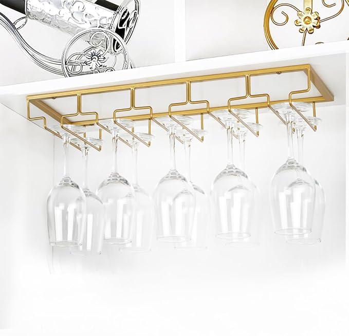 Wine Glass Rack - Under Cabinet Stemware Wine Glass Holder Glasses Storage Hanger 1 Pack Metal Organizer for Bar Kitchen 5 Rows Gold