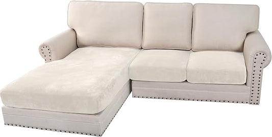 H.VERSAILTEX Velvet Stretch Sectional Couch Covers 3 Pieces Sofa Seat Cushion Covers L Shape Separate Couch Cover for Both Left/Right Sectional Couch (Large Sofa 2 Seater + 1 Chaise, Porcelain)