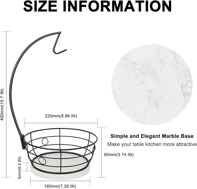 Livabber Countertop Fruit Basket Bowl with Banana Hanger, Modern Standing Fruit Vegetable Bowl Storage, with Banana Tree Holder for Kitchen Dinning Table (Round Marble, Black)