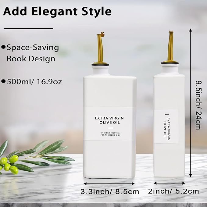 Olive Oil Dispenser Bottle for Kitchen, 16.9oz Soy Sauce Dispenser, UV Protected Oil&Vinegar Cruet Set, Soy Sauce Dispenser (White, Set of 2)