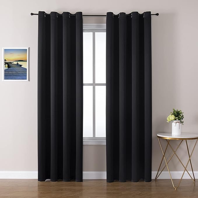 ChrisDowa Grommet Blackout Curtains for Bedroom and Living Room - 2 Panels Set Thermal Insulated Room Darkening Curtains (Black, 52W x 95L)