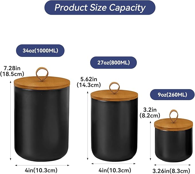 Ceramic Storage Jars, Modern Elegant Highly Polished Airtight Gorgeous Storage Canisters with Wooden Lid Small Food Stroage Jar for Kitchen Spice Tea Vanilla Sugar Coffee Beans (Black tuba)
