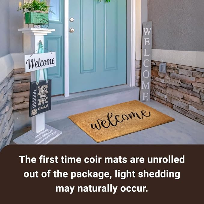 KANKUN Coco Coir Door Mat with Heavy Duty Backing, Welcome Doormat (17" x 30"), Doormat Entrance (Welcome3)