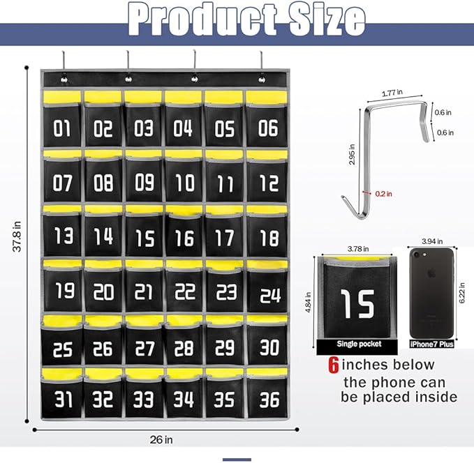 Loghot Classroom Accessories Closet Pocket Chart for Cell Phones Holder Wall Door Hanging Organizer (36 Pockets Black)