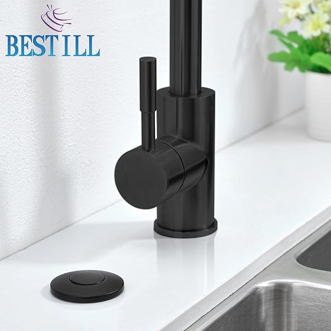BESTILL Garbage Disposal Air Switch Kit - UL Listed, Brass 3.6" Long Push Button for Waste Disposer, Cordless Sink Top Switch Button, Matte Black, Compatible with all Garbage Disposals
