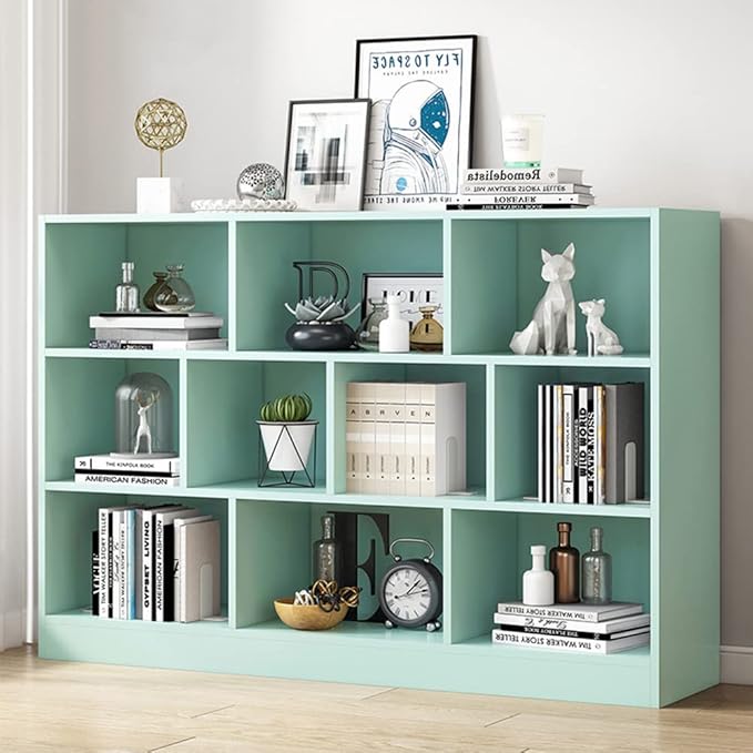 IOTXY Open Shelf Low Bookcase - Wooden 3-Tier Floor Standing Display Cabinet Organizer with Base, 10 Cubes Short Horizontal Bookshelf in Tiffany-Green