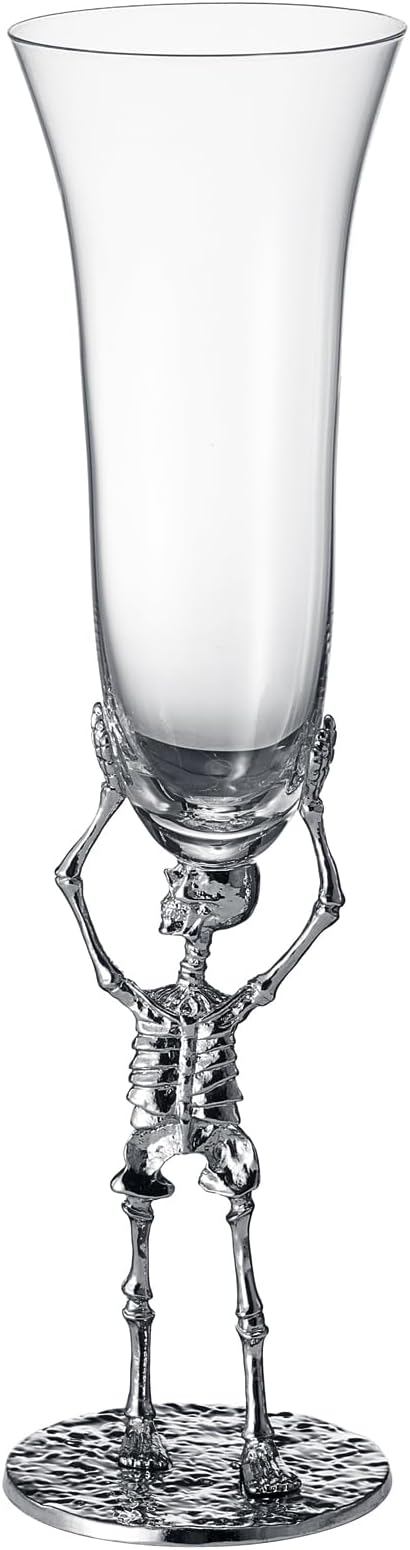 Skeleton Champagne Flute Glass 7.5oz | Gothic Halloween Drinkware | 10" Tall Skeleton Goblet for Haunted House Decor, Spooky Wine Glass, Gothic Party Supplies, Skeleton Gifts & Themed Celebrations