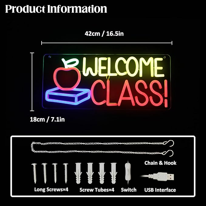Welcome Class Neon Sign Student Classroom Neon Lights Apple Book LED Signs for Wall Colorful Back to School Wall Art Neon Light Up Signs for Classroom School Opens Party Decorations