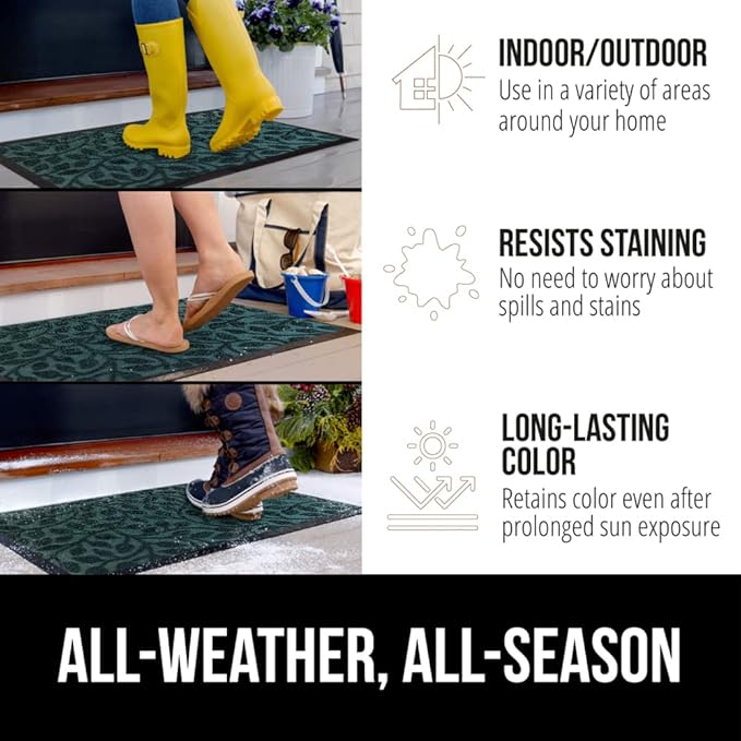 GORILLA GRIP 100% Waterproof All-Season WeatherMax Doormat, 47x35, US Designed Natural Rubber, Stain and Fade Resistant, Low Profile Indoor Outdoor Door Mats, Easy Clean Patio Mat, Moss Vine Leaves