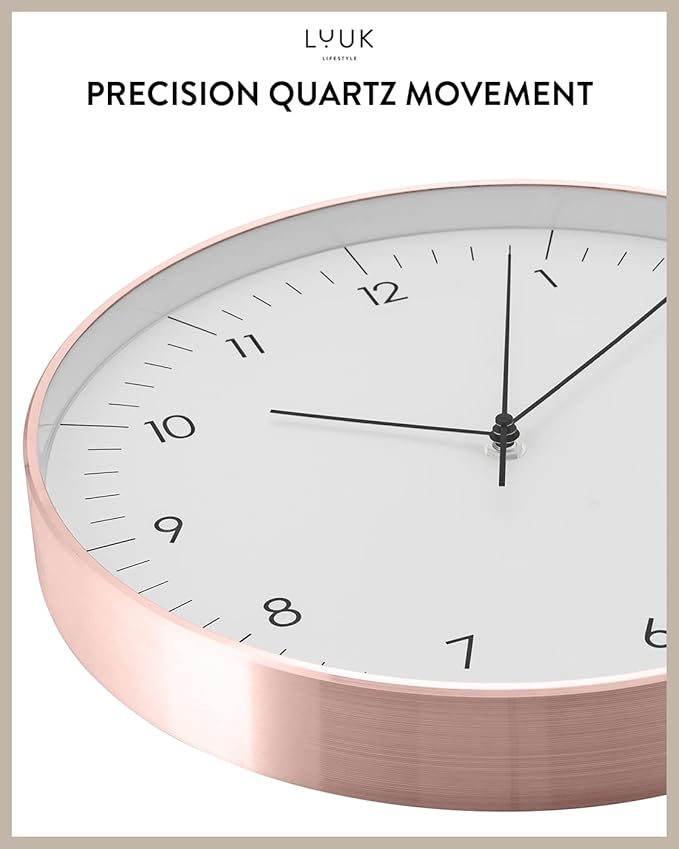 LUUK LIFESTYLE Timeless Wall Clock with Silent Movement and no Ticking, Elegant Design, for Children's Room, Living Room, Bathroom, 12”, White and Rosegold