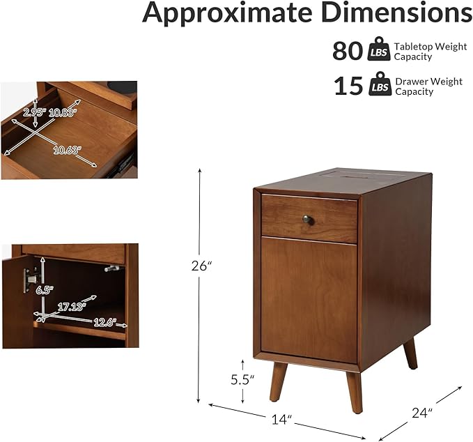 HULALA HOME End Table with Drawer and Charging Station, Modern End Table with USB Ports and Outlets, Wooden Side Table with Storage-Acorn