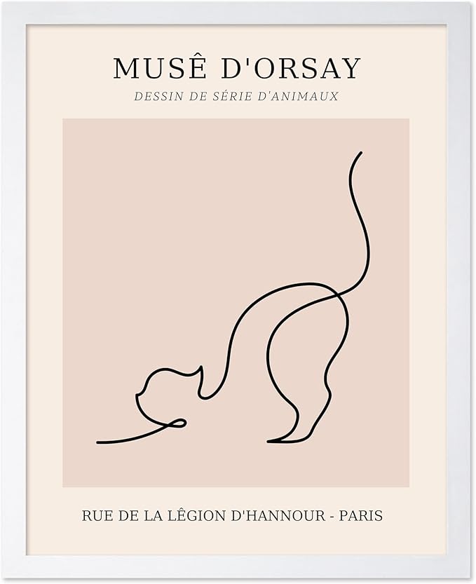 Poster Master Vintage Poster - Retro One Line Cat Drawing Print - Cat Art - Minimal Gift for Men, Women, Animal Lover - Abstract Wall Decor for Home, Office, Bedroom, 16x20 White Framed