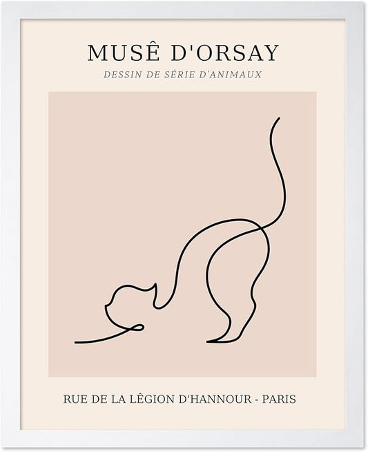 Poster Master Vintage Poster - Retro One Line Cat Drawing Print - Cat Art - Minimal Gift for Men, Women, Animal Lover - Abstract Wall Decor for Home, Office, Bedroom, 16x20 White Framed