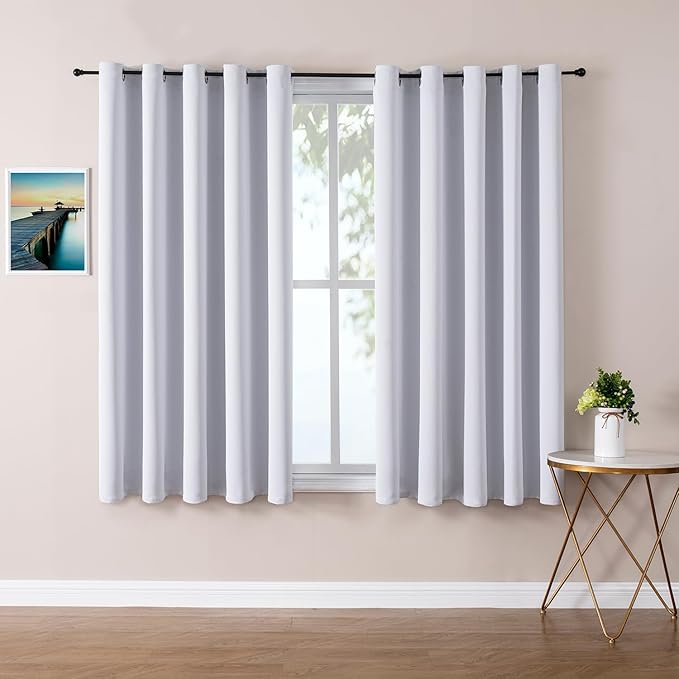 ChrisDowa Blackout Curtains 70 inches Wide for Bedroom - 2 Panels Set Extra Wide Grommet Thermal Insulated Room Darkening Curtains for Living Room (Greyish White, 70 x 63 Inch)