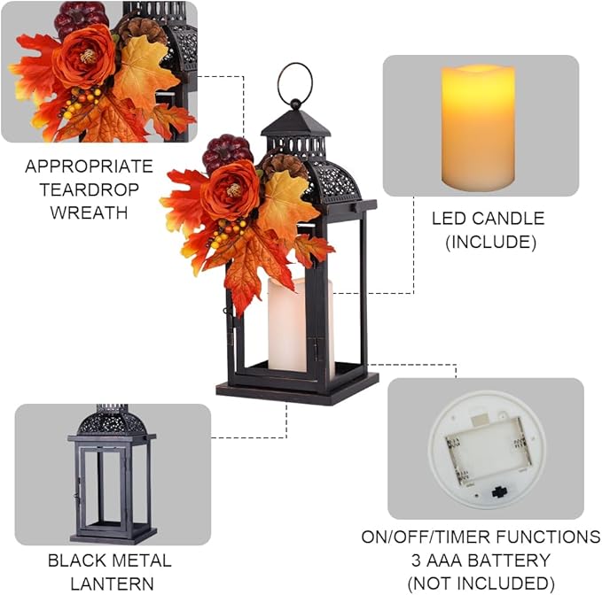 NEEDOMO Fall Decorations for Home, 15'' Fall Lantern Indoor Outdoor Thanksgiving Decor, Vintage Metal Hanging Candle Holders with Fall Teardrop Wreath and LED Candle for Patio, Porch, Table
