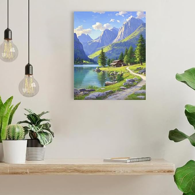 Landscape wall painting of mountain forest lakeside cabin under blue sky and white clouds natural oil painting poster suitable for living room bedroom office